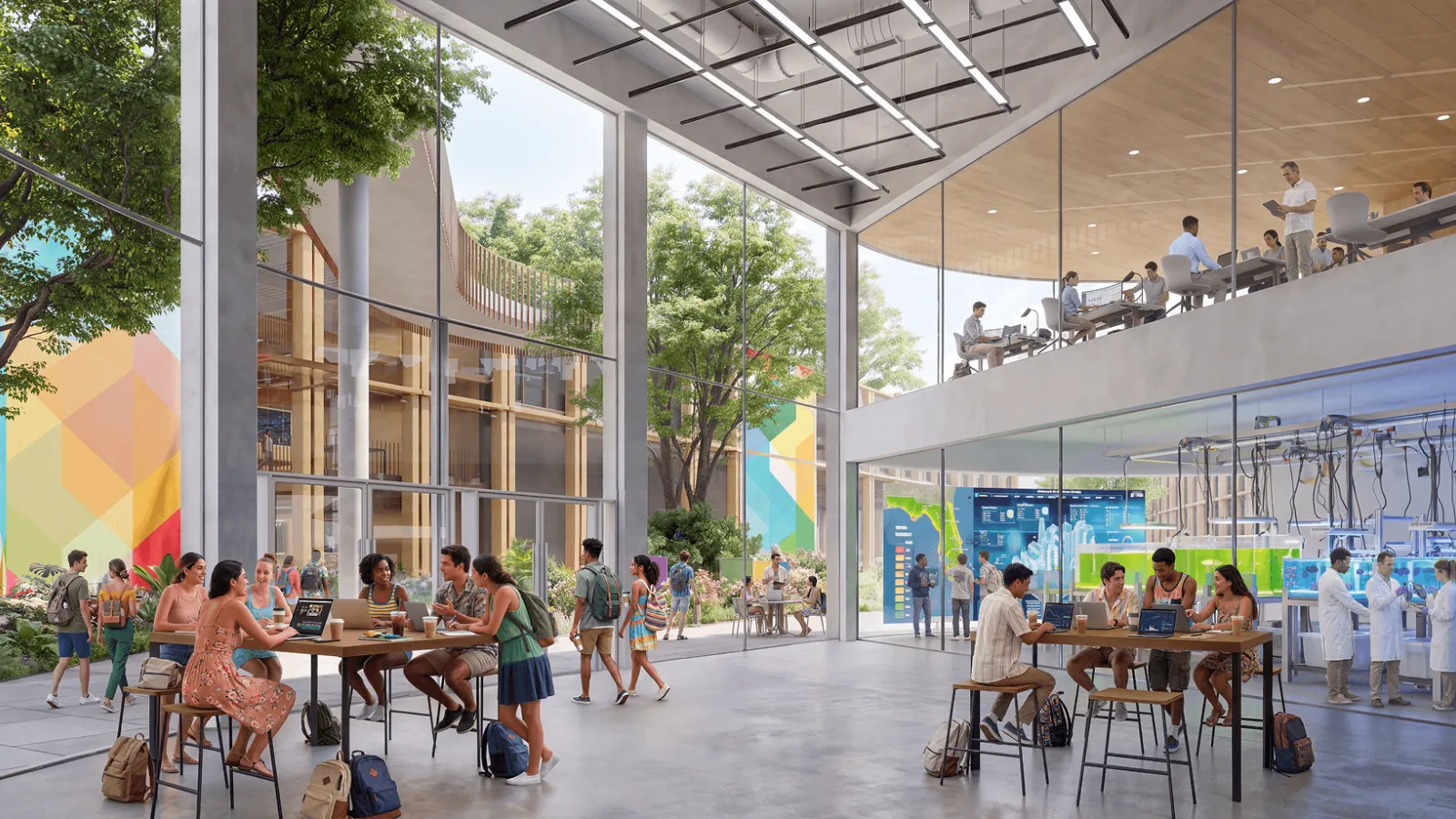 Modern, sunlit learning commons rendering with students collaborating at tables, working at computers, and using an upper-level walkway amid glass walls and greenery. The atmosphere feels open and welcoming.