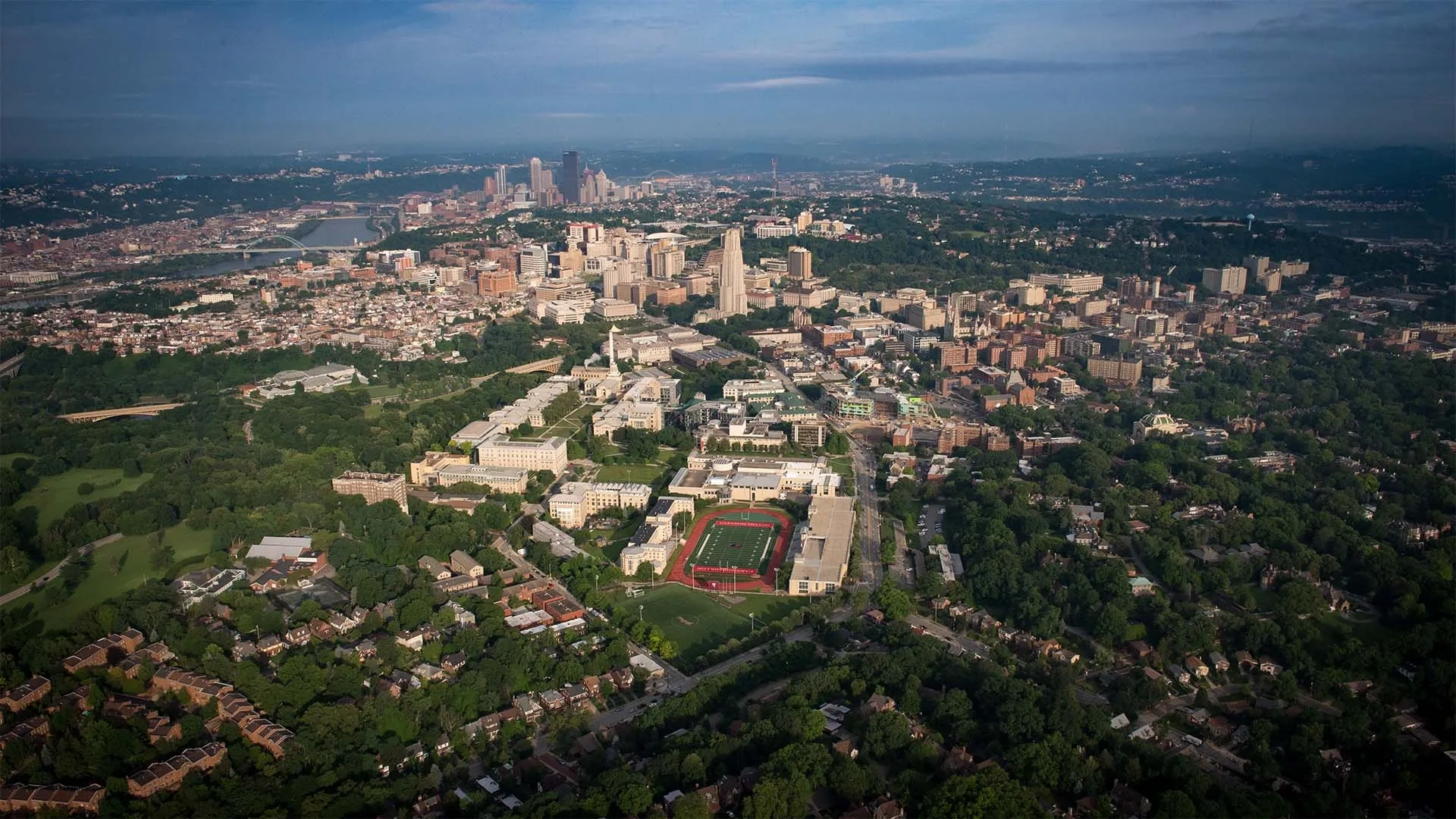Aerial view of campus and the surrounding Pittsburgh neighborhoods.