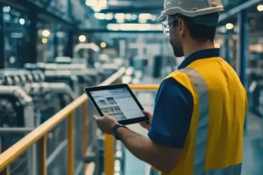 Man standing in a factory looking at an iPad