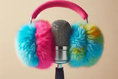 Microphone with fuzzy headphones on top
