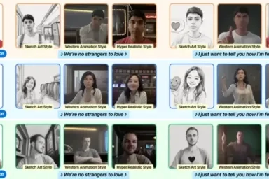 Grid of real people next to deepfake examples