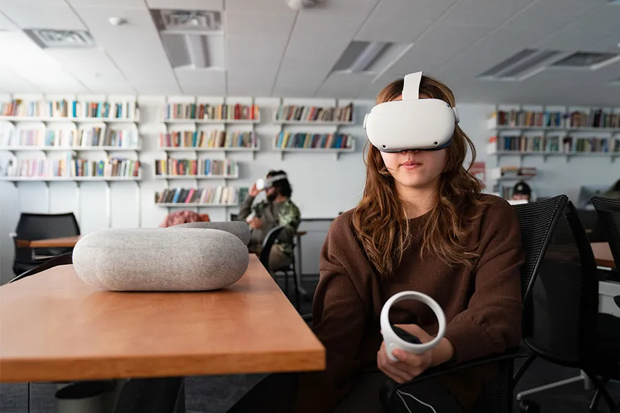 Student wearing virtual reality headset 